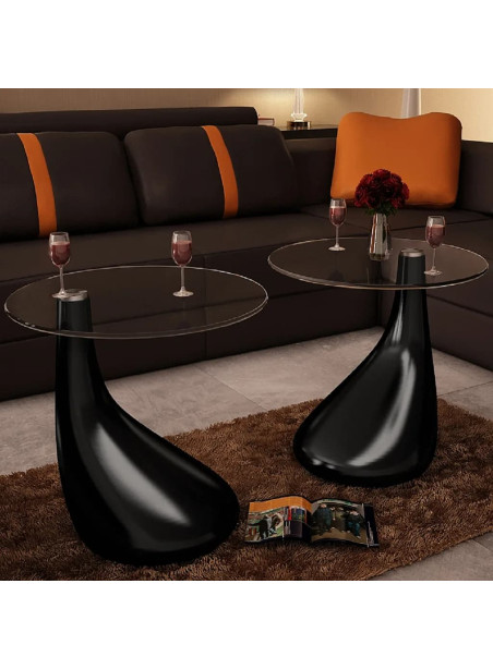 Coffee Table 2 pcs with Round Glass Top High Gloss Black