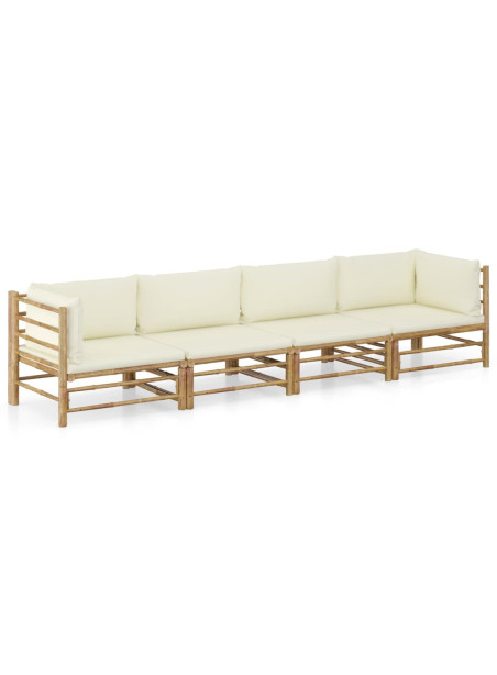 4 Piece Garden Lounge Set with Cream White Cushions Bamboo
