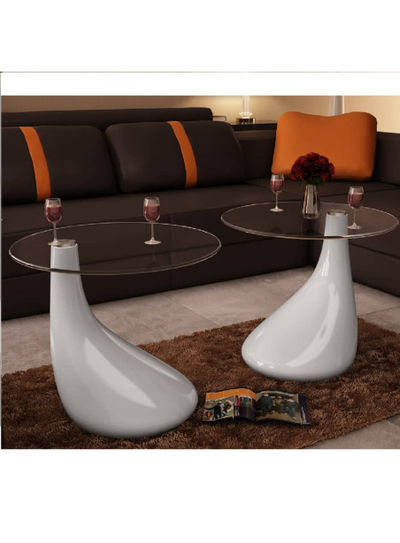 Coffee Table 2 pcs with Round Glass Top High Gloss White