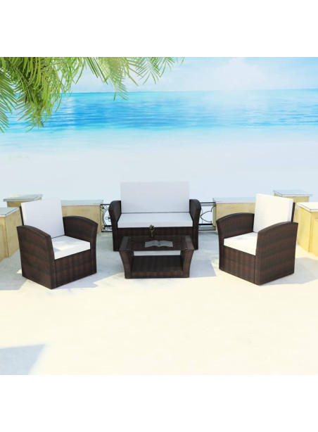 4 Piece Garden Lounge set with Cushions Poly Rattan Brown