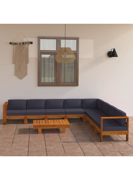 9 Piece Garden Lounge Set with Dark Grey Cushions Acacia Wood