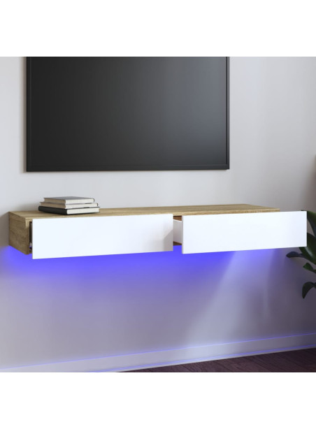 TV Cabinet with LED Lights White and Sonoma Oak 120x35x15.5 cm