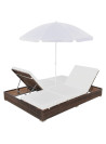 Outdoor Lounge Bed with Umbrella Poly Rattan Brown