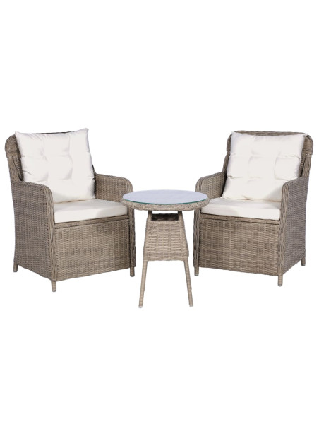 3 Piece Bistro Set with Cushions and Pillows Poly Rattan Brown