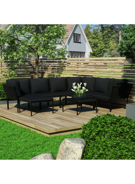 8 Piece Garden Lounge Set with Cushions Black PVC