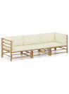 3 Piece Garden Lounge Set with Cream White Cushions Bamboo