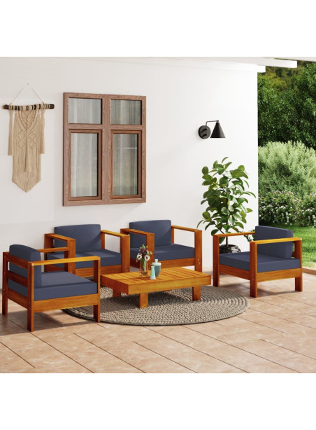 5 Piece Garden Lounge Set with Dark Grey Cushions Solid Wood