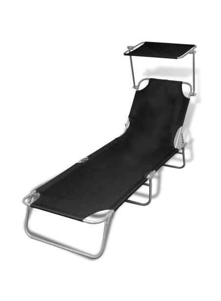 Folding Sun Lounger with Canopy Steel and Fabric Black