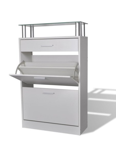 Shoe Cabinet with a Drawer and a Top Glass Shelf Wood White
