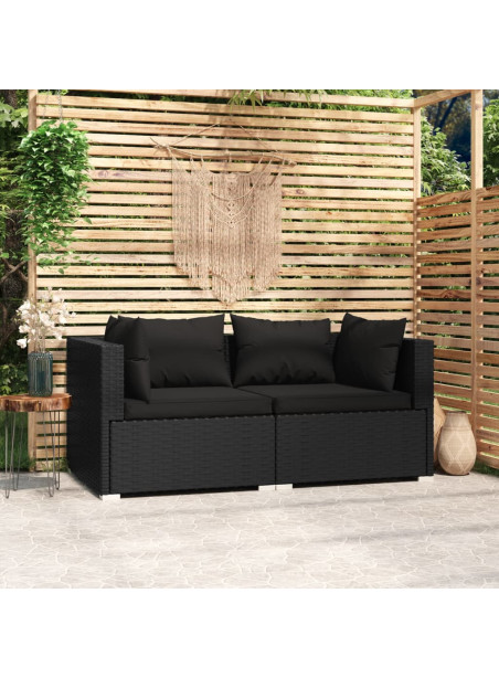 2-Seater Sofa with Cushions Black Poly Rattan