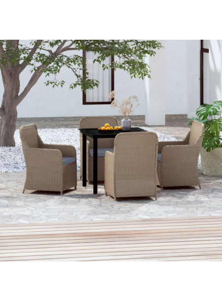 5 Piece Garden Dining Set with Cushions Brown