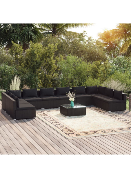 11 Piece Garden Lounge Set with Cushions Poly Rattan Black