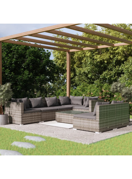 8 Piece Garden Lounge Set with Cushions Grey Poly Rattan