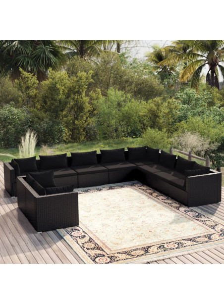 10 Piece Garden Lounge Set with Cushions Black Poly Rattan