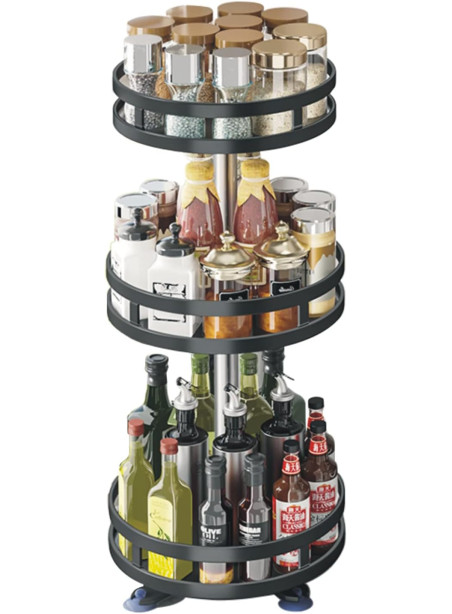 Spice Rack - 360° Rotating Round Seasoning Kitchen Rack - Height-Adjustable Spice Shelf