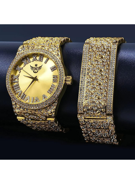 Gold Dial Men Custom Nugget Watch Bracelet Set Simulated Diamond Analog 43mm - FLAMBOYANT ULTRA BLING WATCH SET
