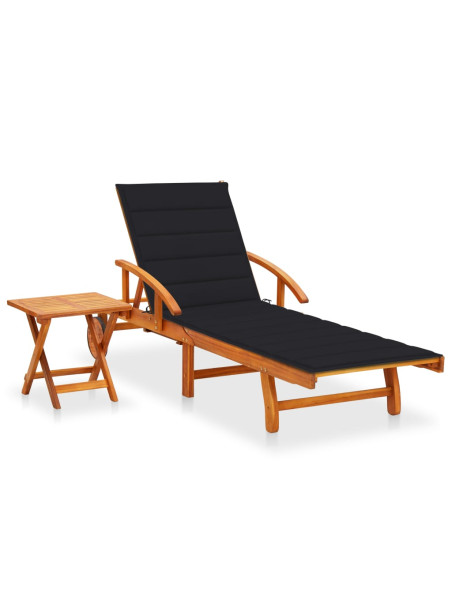 Garden Sun Lounger with Table and Cushion Solid Acacia Wood