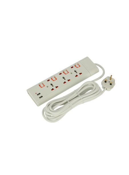 Geepas - 3 Way Extension Socket With 2 USB Port - 4 Power Switches, 4 Led Indicators, 5m Cord With Over Current Protected