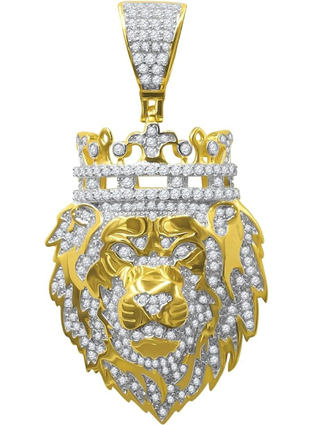 14k Yellow Gold - Over Real Sterling Silver, Good Luck Lion Diamond Pendant Chain, fortuitous character, 925 Silver Sterling