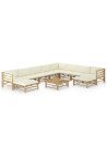 11 Piece Garden Lounge Set with Cream White Cushions Bamboo