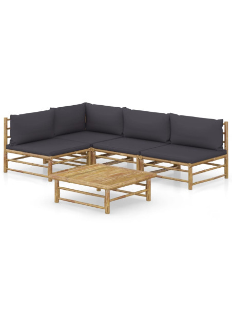 5 Piece Garden Lounge Set with Dark Grey Cushions Bamboo